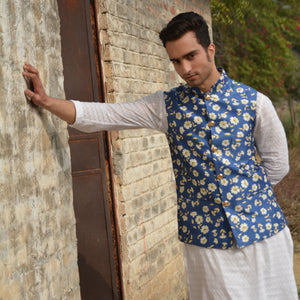 Blue Printed Nehru Jacket